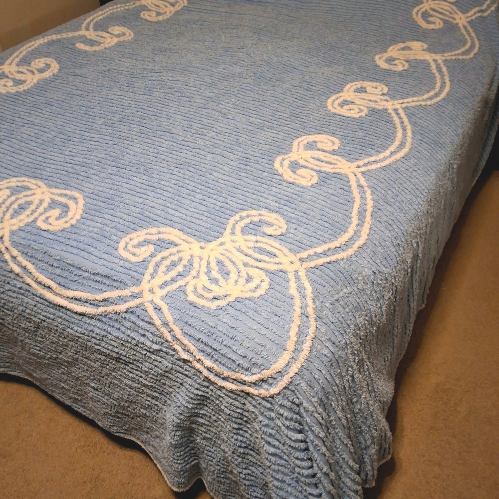 Vintage Chenille Bedspread 91" x 102" Blue White Scroll Tufted Cotton